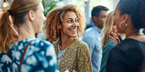 meeting within a company, networking at a reception, group of employees, businesswomen chatting at a networking event, sharing and chatting with a smile - obrazy, fototapety, plakaty