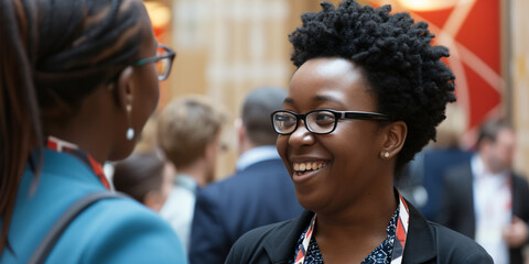 Obraz premium meeting within a company, networking at a reception, group of employees, businesswomen chatting at a networking event, sharing and chatting with a smile
