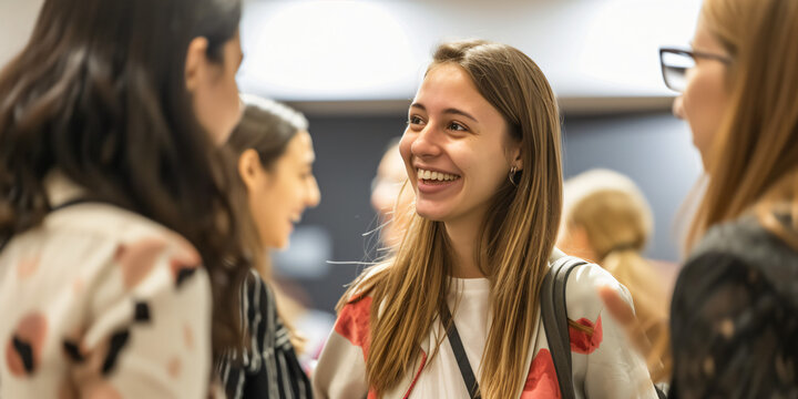 meeting within a company, networking at a reception, group of employees, businesswomen chatting at a networking event, sharing and chatting with a smile