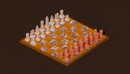 3D King Chess board Rendering, Polished Metal, light orange and gold or Bronze chess pieces