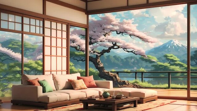 virtual backgrounds loop animation, live stream overlay wallpaper, cozy lo-fi Japanese living room, garden, vtuber asset twitch zoom OBS screen wallpaper. anime chill hip hop video bg