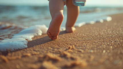 a child's feet run on the sand of the sea