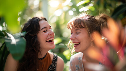 Obraz premium two female friends laugh loudly on tropical background