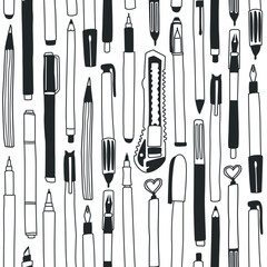 Vector seamless pattern with office supplies. Pens, pencils, stationery knife, liners, felt-tip pens. Set of isolated elements on a white background. Doodle hand drawn style.
