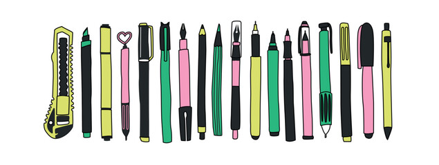 Big vector set of office supplies. Pens, pencils, stationery knife, liners, felt-tip pens. Set of isolated elements on a multi-colored background. Banner for school supplies store.