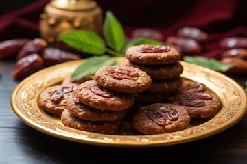 a plate of cookies with dates on a table
