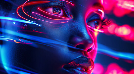 Close-up of an African American woman's face under neon lights