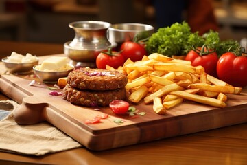  cutting board with a bunch of food on it, grilled sausages with French fries