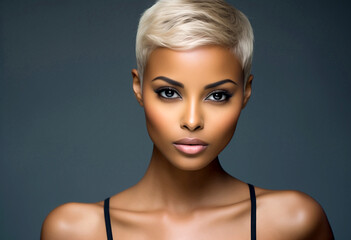 Elegant Striking Woman with Short Platinum Blonde Hairstyle looking at camera on blue dark background