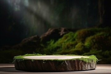 Wooden podium with moss on background. Scene stage showcase for product promotion, beauty presentation. Generative AI
