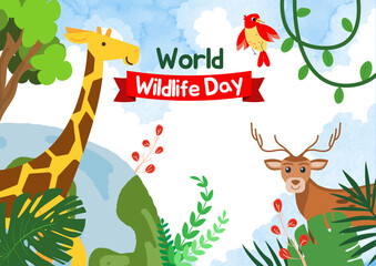 World Wildlife Day with animal in forest. Wildlife Animals with forest tree and plant. Flat vector illustration. Wild animal character