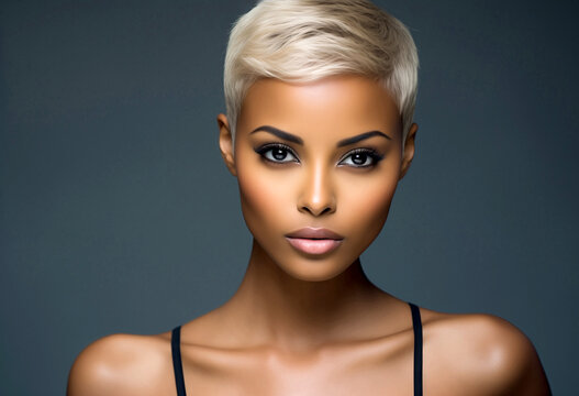 Elegant Striking Woman with Short Platinum Blonde Hairstyle looking at camera on blue dark background