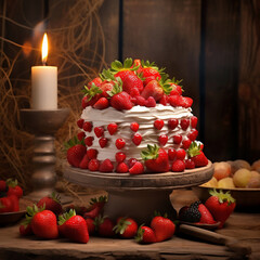 Strawberry cake with cream and fresh berries on a wooden background