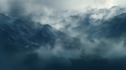 Naklejka na ściany i meble The mountain view is veiled in a thick blanket of fog, shrouding the majestic peaks in an ethereal veil of mystery. As the mist swirls and dances around the rugged terrain, it creates an atmosphere.