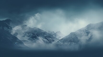 Fototapeta na wymiar The mountain view is veiled in a thick blanket of fog, shrouding the majestic peaks in an ethereal veil of mystery. As the mist swirls and dances around the rugged terrain, it creates an atmosphere.