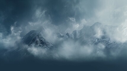 Fototapeta na wymiar The mountain view is veiled in a thick blanket of fog, shrouding the majestic peaks in an ethereal veil of mystery. As the mist swirls and dances around the rugged terrain, it creates an atmosphere.