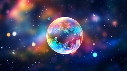 The soap bubble floats weightlessly through the air, its iridescent surface shimmering with a myriad of colors as it catches the light. Delicate and ephemeral, it seems to dance on the breeze,