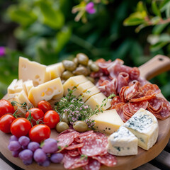 a wooden platter with sausages and cheeses