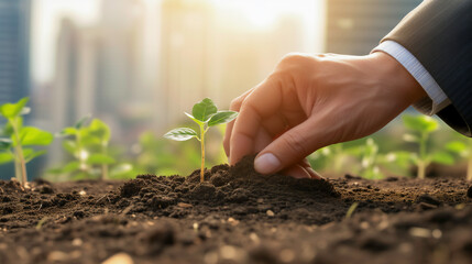 Close-up of a business hand planting a seedling in fertile soil and the background shows a thriving cityscape, growth of business concept.