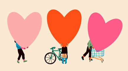 People hold big blank Hearts. Persons with bicycle, carrying heart in shopping cart. Cartoon style. Hand drawn Vector illustration. Love, Valentine's day, romance concept. Isolated elements