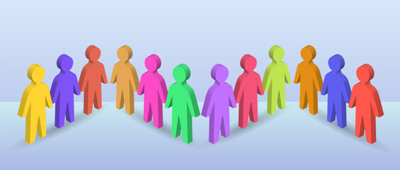 A colorful line of 3D figures of people on a light background. A vector image.