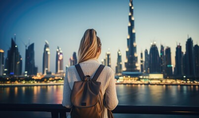 Dubai Twilight: A Happy Tourist Woman, Back View, Admires the Stunning View of the Burj Khalifa and the Illuminated Dubai Skyline at Twilight, Embracing the Futuristic Urban Beauty.

