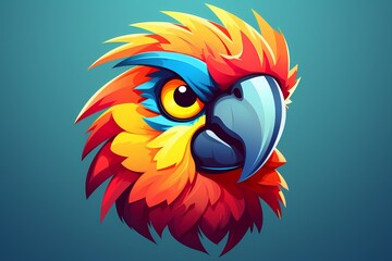 Lively parrot face logo illustration with vibrant colors, symbolizing energy and vibrancy, showcased against a clean and modern background for an animated brand