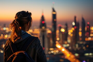 Dubai Twilight: A Happy Tourist Woman, Back View, Admires the Stunning View of the Burj Khalifa and the Illuminated Dubai Skyline at Twilight, Embracing the Futuristic Urban Beauty.

