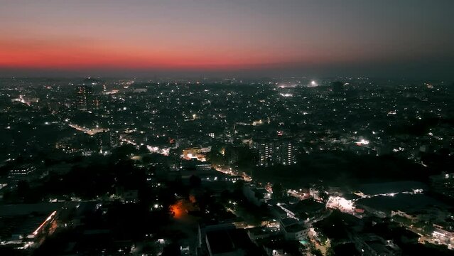 Sunset at a city drone view
