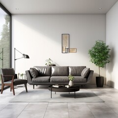 a living room with a medium gray 3-seater sofa, Two armchairs in room with white wall and big frame poster on it. Scandinavian style interior design of modern living room. 