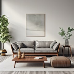 a living room with a medium Gray 3-seater sofa, Two armchairs in room with white wall and big frame poster on it. Scandinavian style interior design of modern living room. 