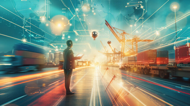 futuristic scene where a person is using augmented reality (AR) to interact with a complex interface, overlaid on a shipping port background.