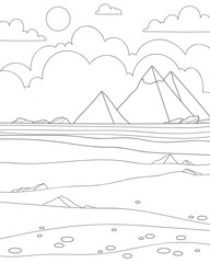 Egyptian desert with pyramids. Coloring page, black and white vector illustration.