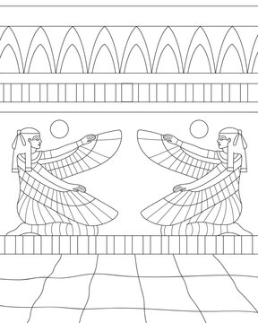 Egyptian palace., woman with wings. Painting on the wall. Coloring page, black and white vector illustration.