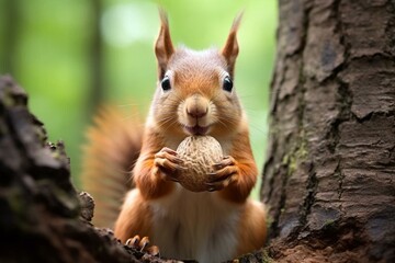 Naklejka na ściany i meble adorable squirrel with a nut. Generative AI