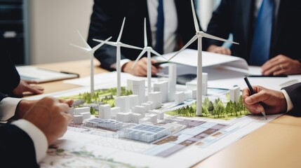 Close-up of business people conducting a consultation on wind energy in the design of new homes in the office.