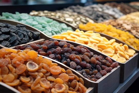 display of different types of dried fruits, dried fruit in stores