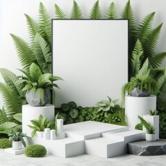 A minimalistic white product display staged among vibrant ferns and greenery, creating a fresh, botanical atmosphere.
