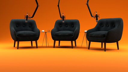 3D podcast studio chairround in front of orange colored backdrop. Podcast, Webinar or Broadcast commercial wallpaper.