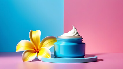 Mockup of a yellow jar with facial skin care cream on an abstract holographic pink and blue background with yellow plumeria flowers. Cosmetics beauty product. Blank label packaging for branding sample