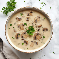 Top View of a Healthy Homemade Mushroom Soup with Parsley in a Bowl.