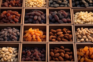 boxes filled with lots of different kinds of nuts, wooden containers of dried fruits