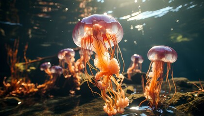 jellyfish in the sea. jellyfish in the water. Cnidarians. medusa. tentacles and stinging cells. Planktonic animals inside the ocean - obrazy, fototapety, plakaty