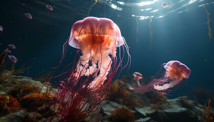 jellyfish in the sea. jellyfish in the water. Cnidarians. medusa. tentacles and stinging cells. Planktonic animals inside the ocean
