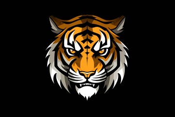 Regal tiger face logo with bold stripes, symbolizing strength and courage, displayed on a solid and impactful background for a commanding brand identity