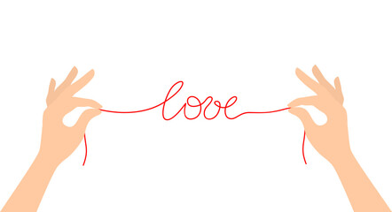 Two hands holding a red thread forming the word "love", isolated on a white background. Flat vector illustration