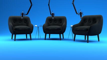 3D Podcast Studio Chairround in front of blue colored backdrop. Podcast, Webinar or Broadcast commercial wallpaper.