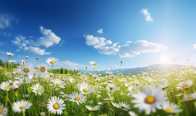 Beautiful spring floral background, blooming meadow full of daisies under calm blue sky.