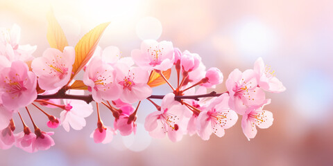 Bright beautiful spring picture of a branch of a blooming cherry tree with large flowers of white-pink color in nature. Selective soft focus.