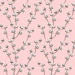 Cotton branches minimalism watercolor seamless pattern printable textile wrapping paper peach pink
